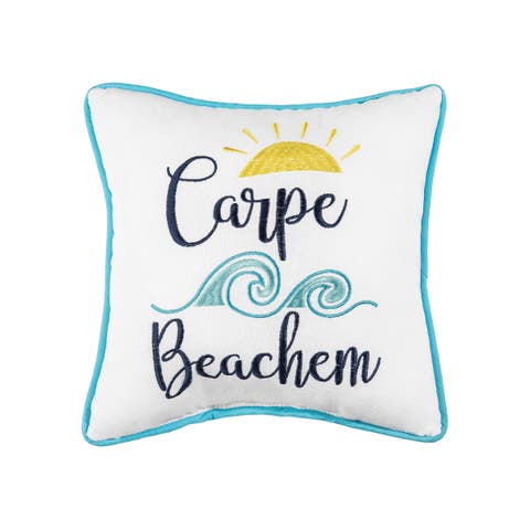"Carpe Beachem" Embroidered Cotton Blend Small Petite Mini Accent Pillow 10" x 10"
