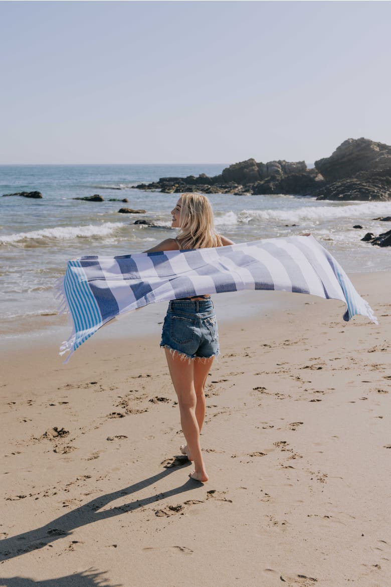 Marine Striped Organic Turkish Towel with Soft Terry Cloth Lining, Alternate, color, Navy and Blue