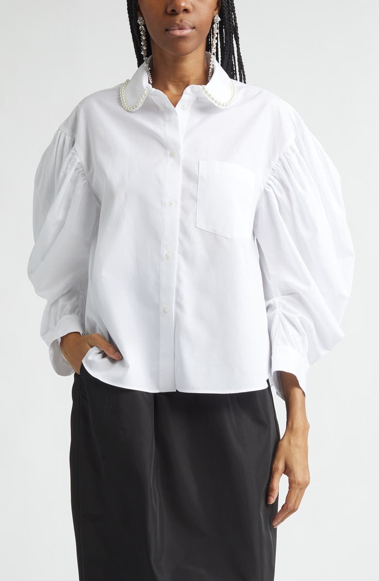 Simone Rocha Faux Pearl Boxy Balloon Sleeve Cotton Button-Up Shirt, Main, color, White/ Pearl