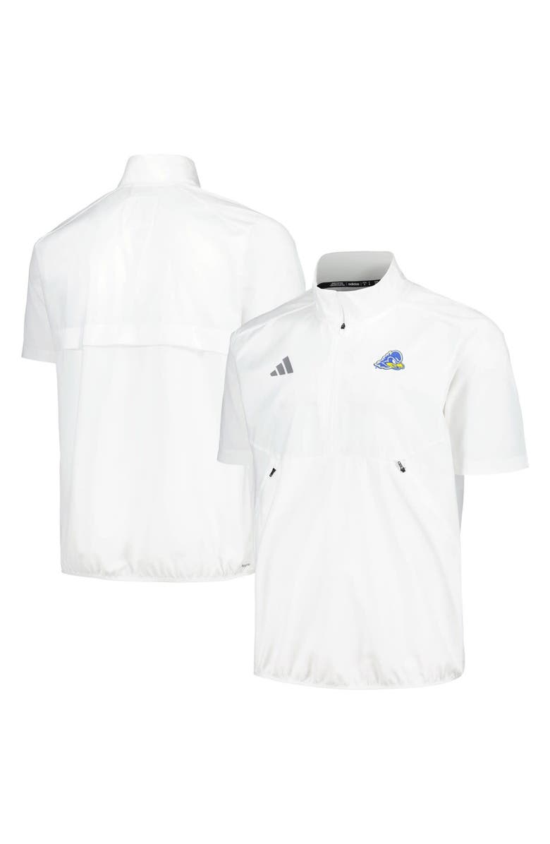 adidas Men's adidas White Delaware Fightin' Blue Hens Sideline AEROREADY Raglan Short Sleeve Quarter-Zip Jacket, Main, color,