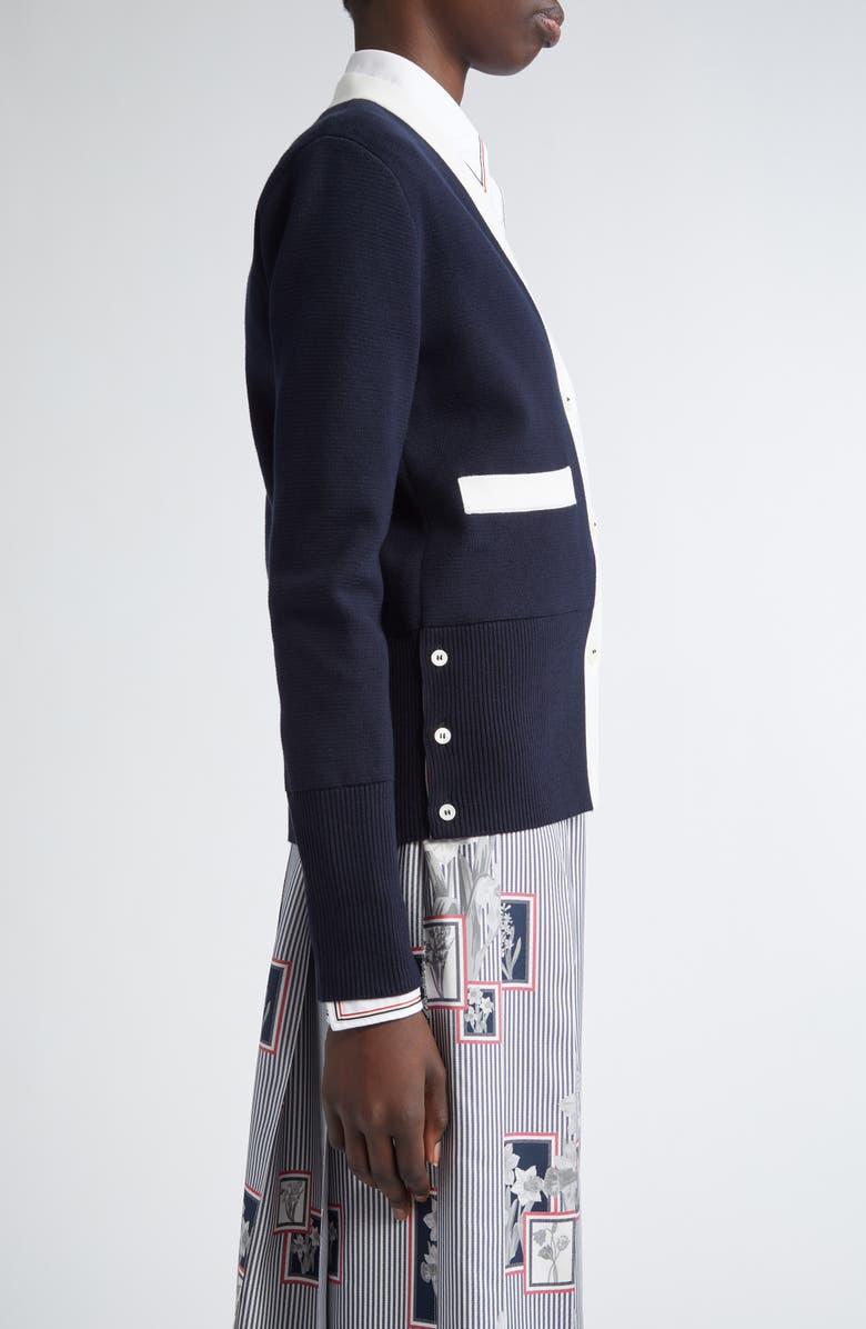 Thom Browne 4-Bar Contrast Trim Cotton Cardigan, Alternate, color, Navy