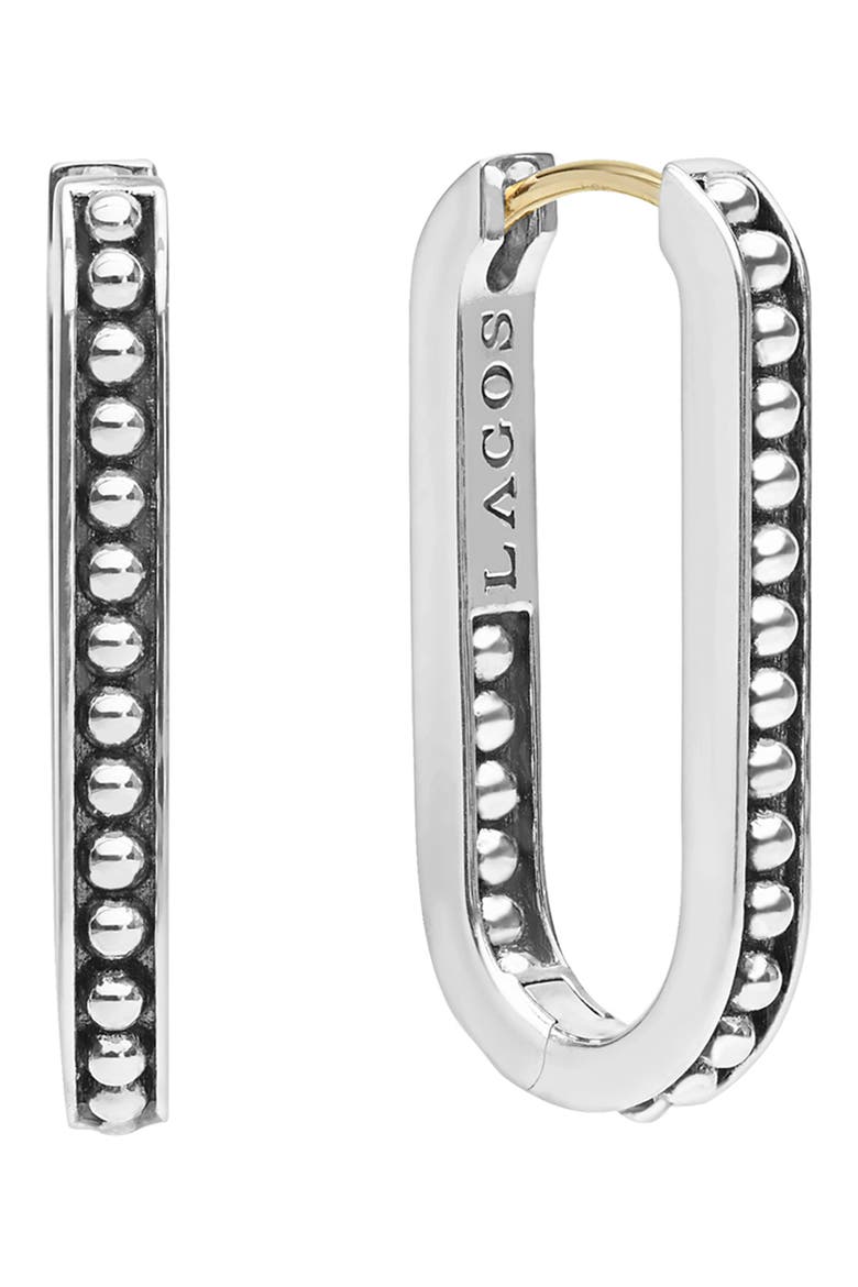 Signature Caviar Linear Hoop Earrings, Main, color, SILVER
