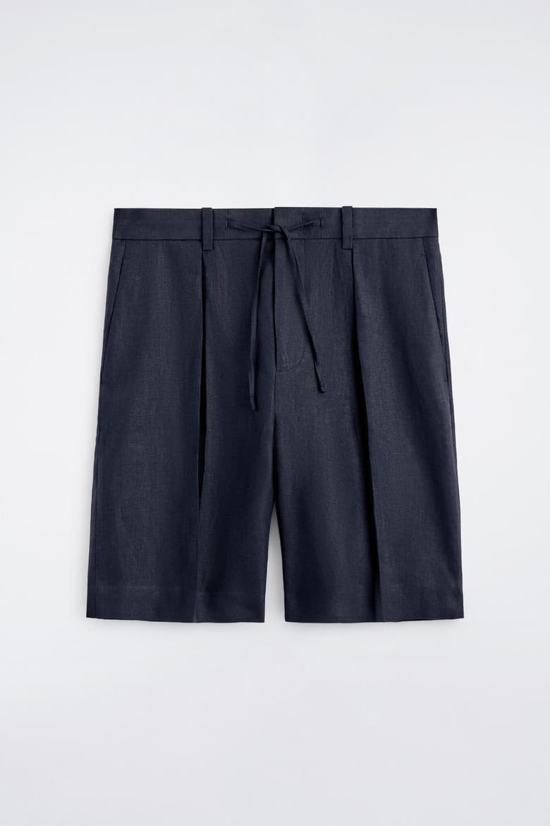 Pleated Linen Drawstring Shorts, Alternate, color, NAVY