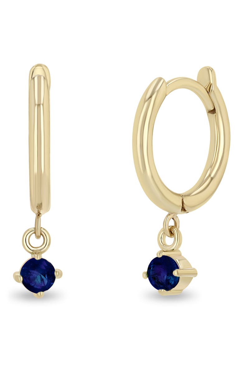 Blue Sapphire Drop Huggie Hoop Earrings, Main, color, YELLOW GOLD