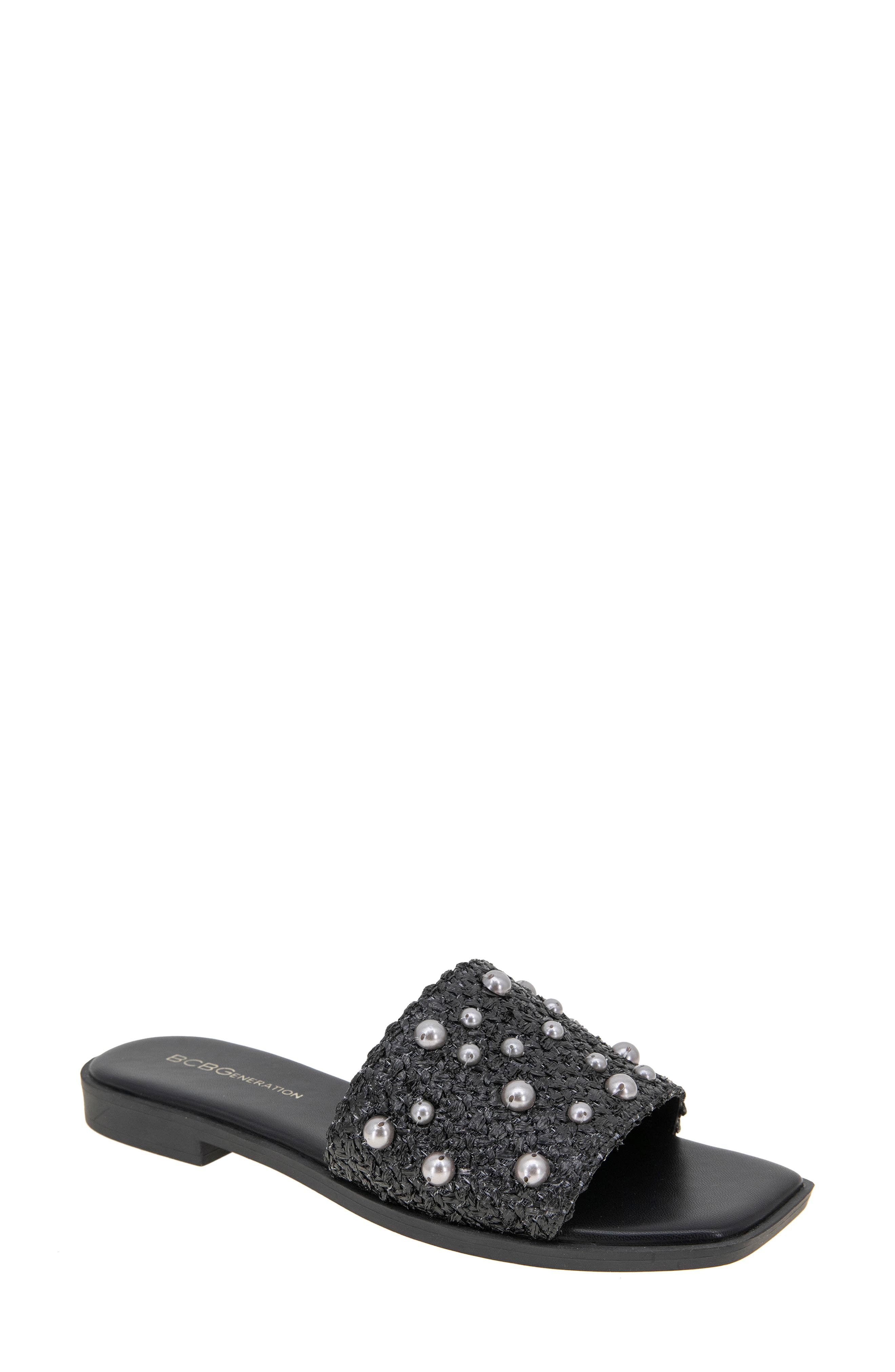 BCBGeneration Lonnie Imitation Pearl Slide Sandal, Main, color, Black Raffia