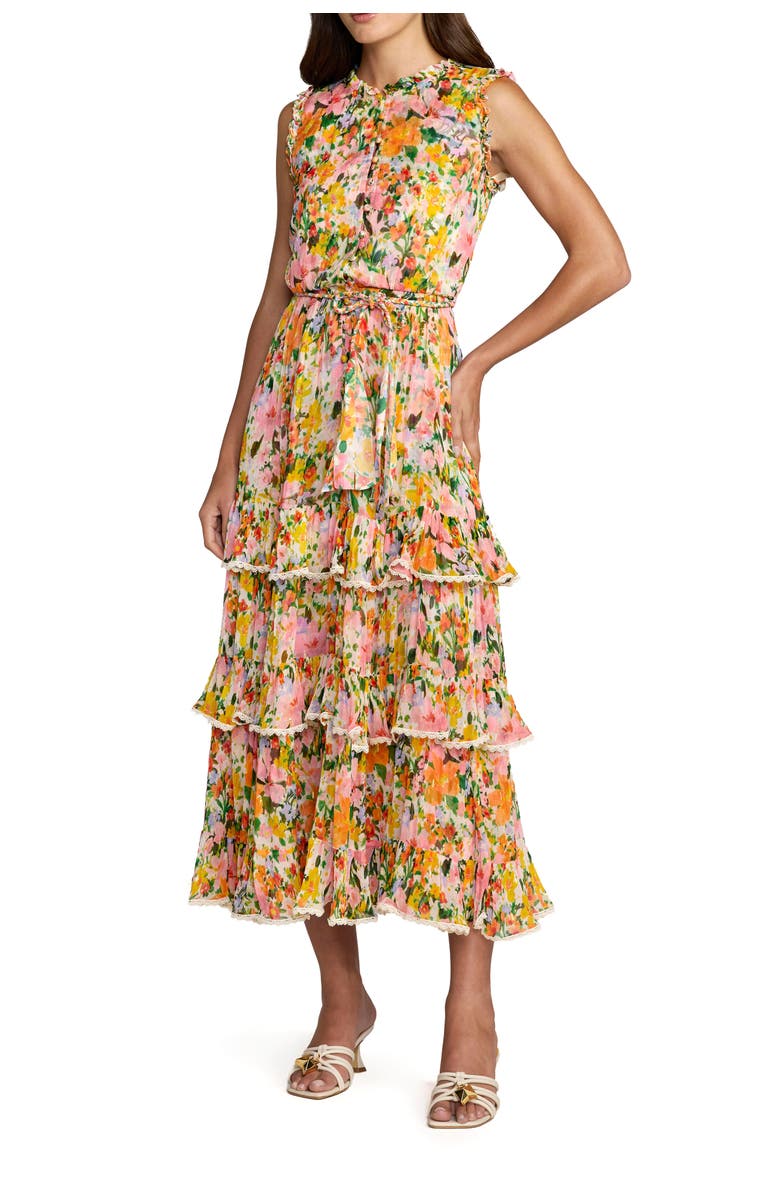 Mac Duggal Multi Floral Tiered Ruffle Midi Dress, Main, color, Multi
