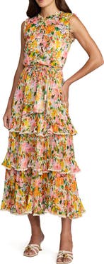 Mac Duggal Multi Floral Tiered Ruffle Midi Dress