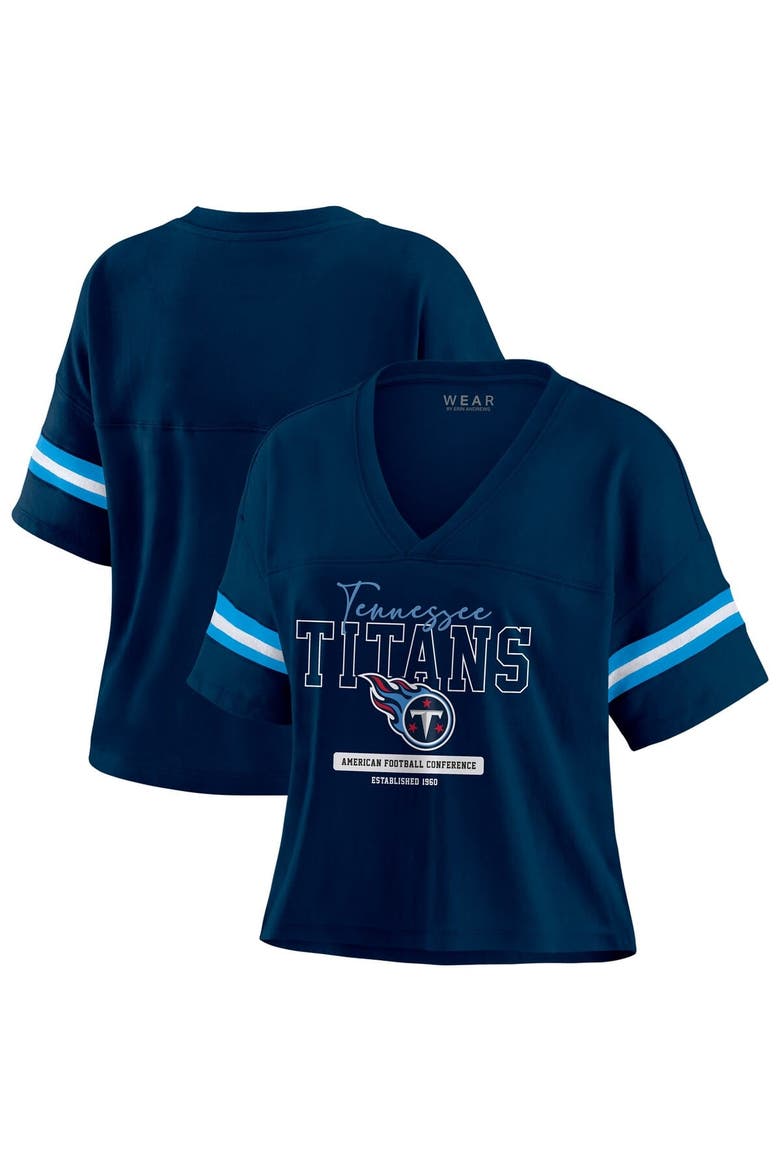 Women's WEAR by Erin Andrews Navy Tennessee Titans Color Block Boxy Modest Crop V-Neck T-Shirt, Main, color, Navy