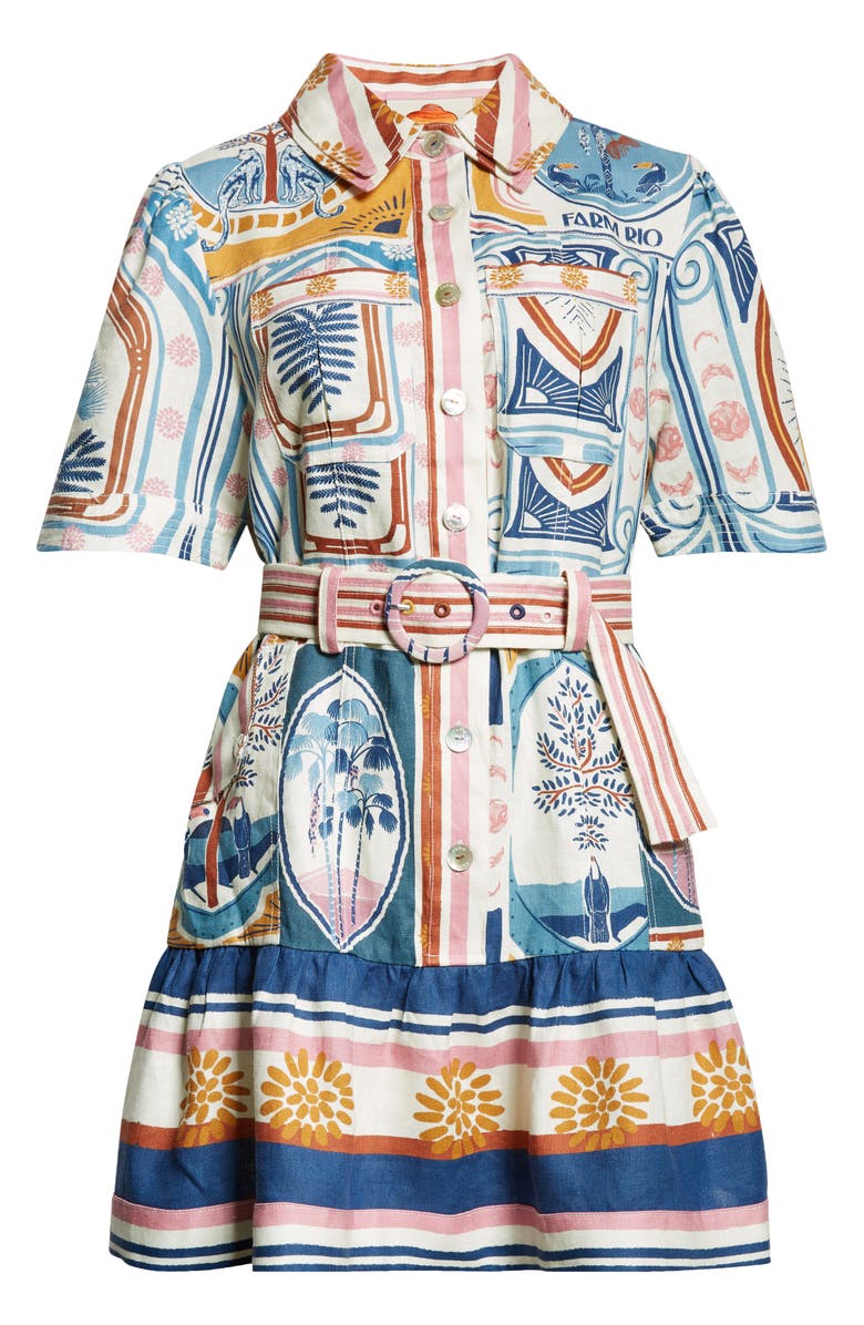 FARM Rio Cerrado Stamps Print Linen Shirtdress, Main, color,