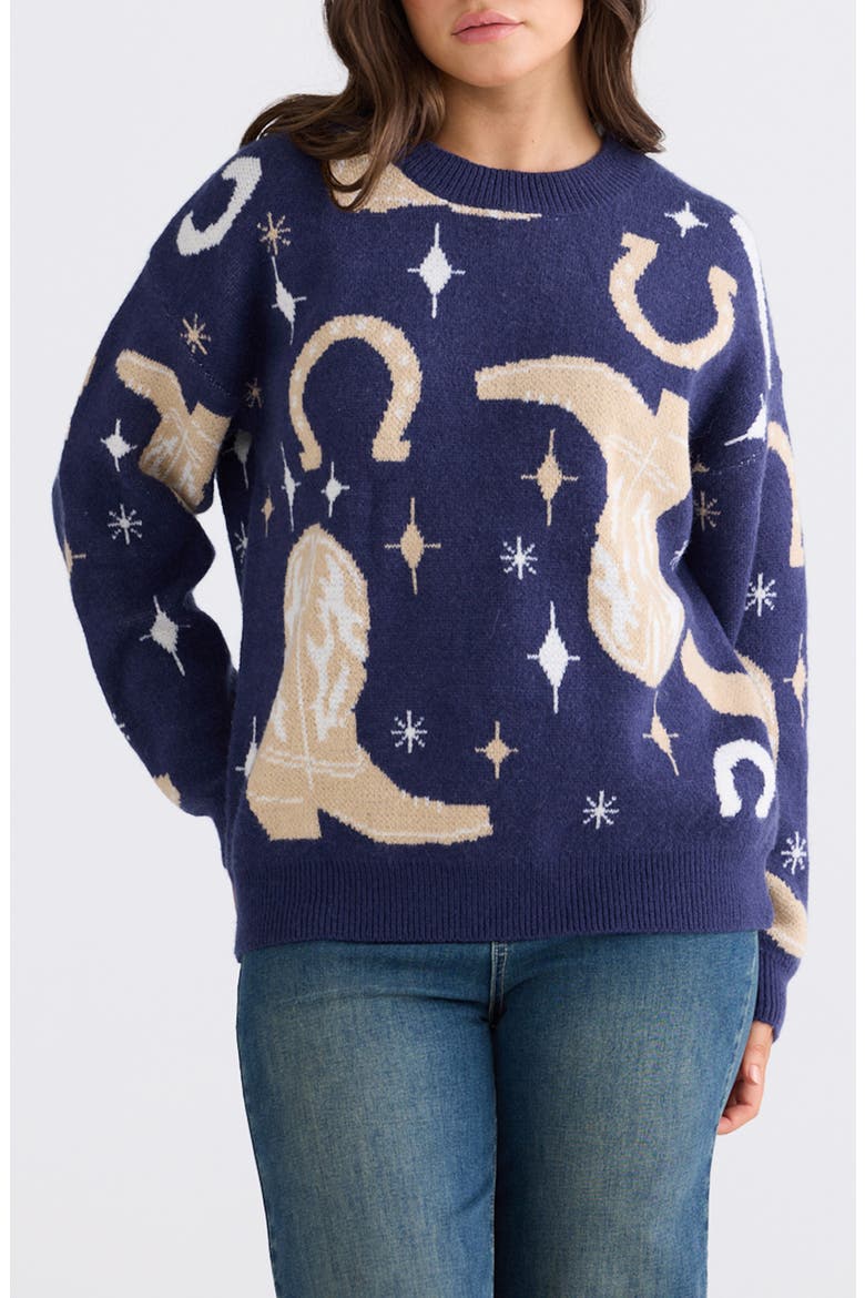 Lucky Boots Crewneck Sweater, Main, color, NAVY