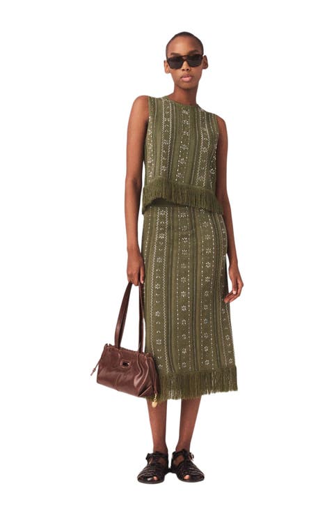 Knit skirt with rhinestone flowers