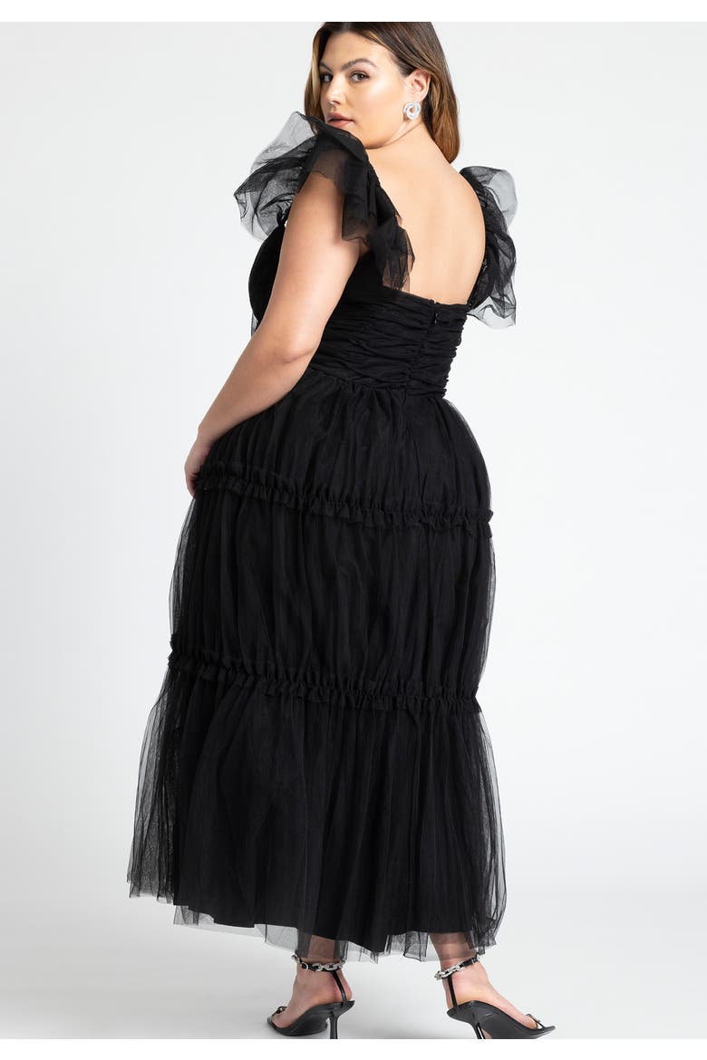 Flutter-Sleeve Tulle Midi Dress, Alternate, color, BLACK ONYX