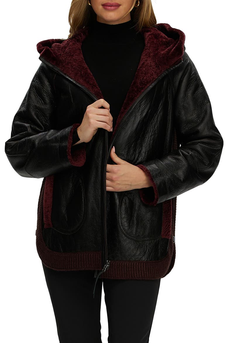 Reversible Textured Genuine Shearling Lamb Zip Parka with Ribbed Hem, Alternate, color, BURGUNDY/BLACK