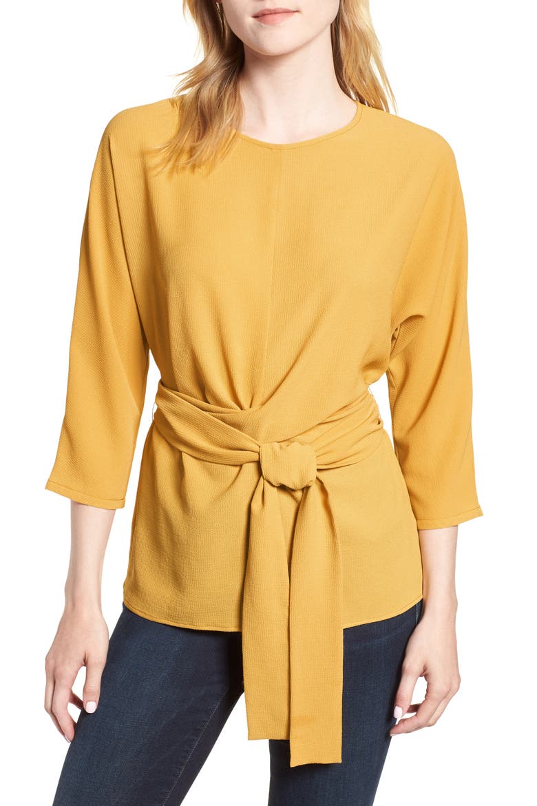 Gibson Dolman Sleeve Tie Back Stretch Crepe Blouse, Main, color, GOLDEN MUSTARD