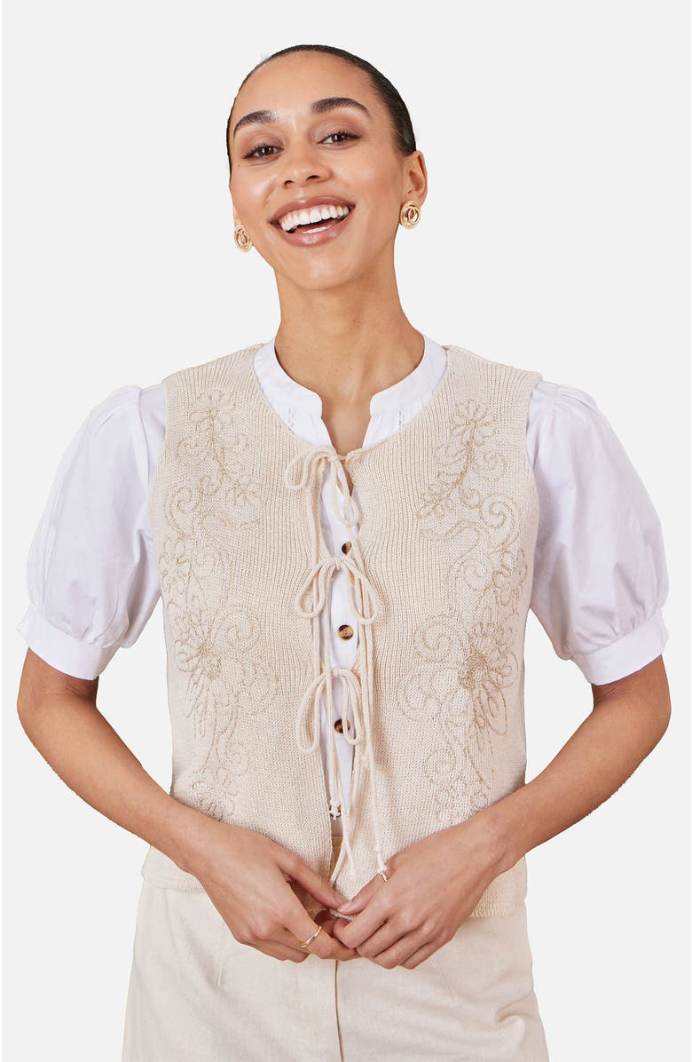 Yumi Embroidered Tie Front Waistcoat, Alternate, color, Beige