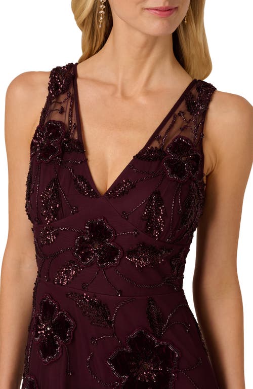 Adrianna Papell Beaded Floral Velvet Gown In Burgundy