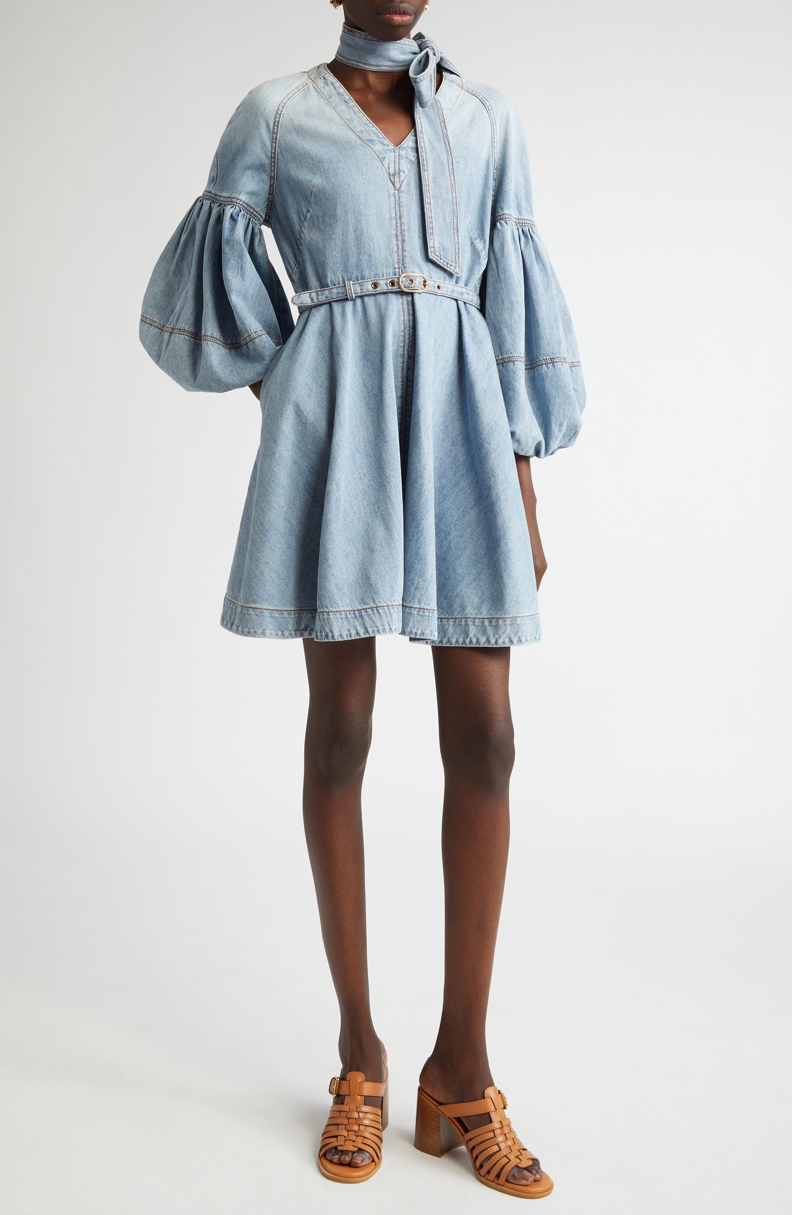 Zimmermann Belted Denim Minidress with Removable Tie