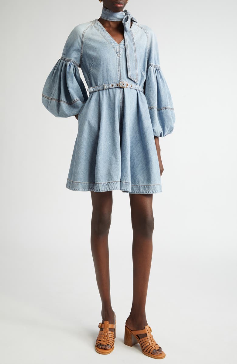 Belted Denim Minidress with Removable Tie