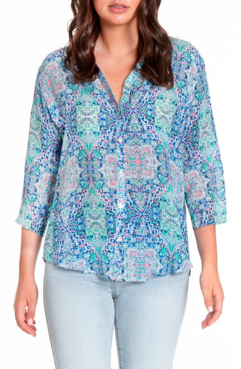 Print Mandarin Collar Chiffon Button-Up Top