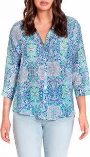 APNY Print Mandarin Collar Chiffon Button-Up Top
