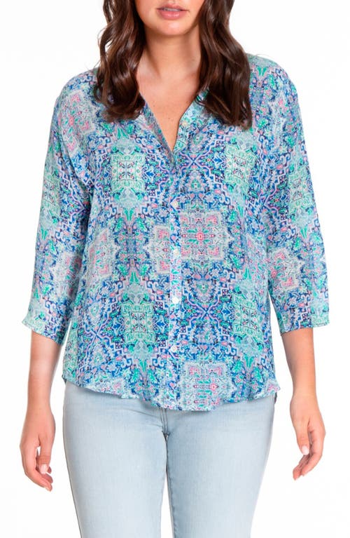 Apny Print Mandarin Collar Chiffon Button-up Top In Blue Multi