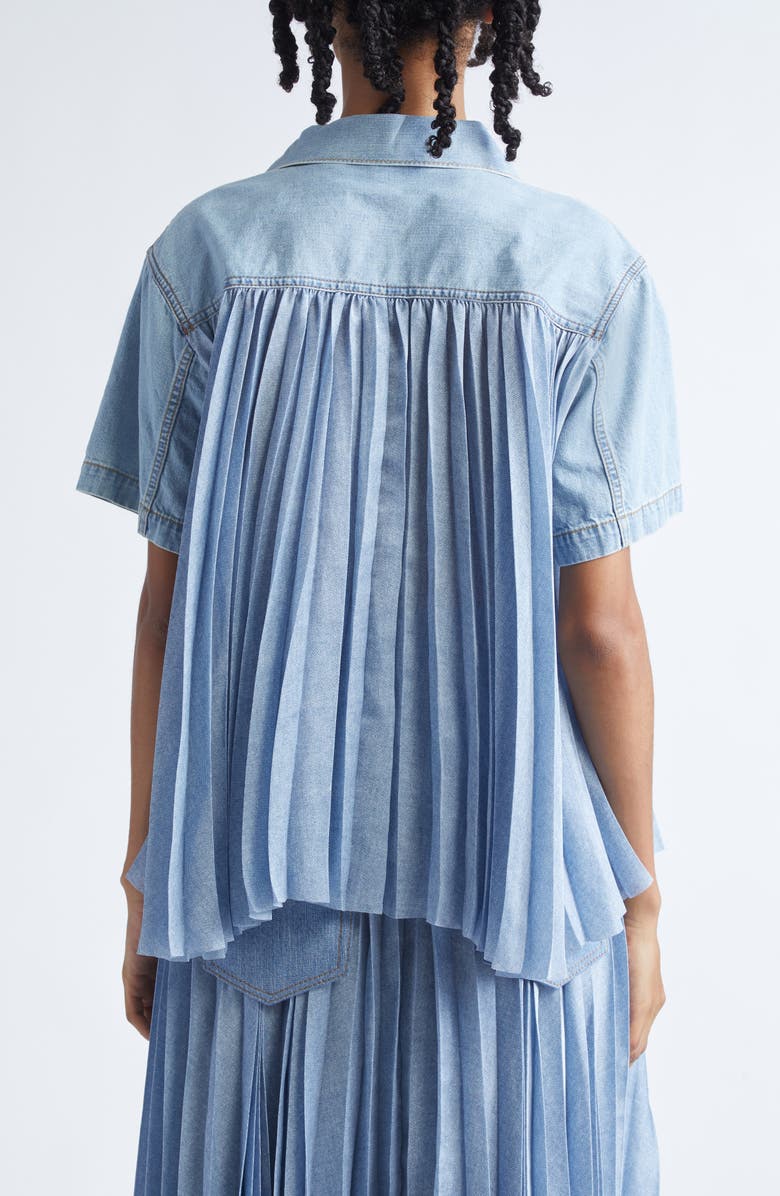 Sacai Mixed Media Short Sleeve Shirt, Alternate, color, Light Blue