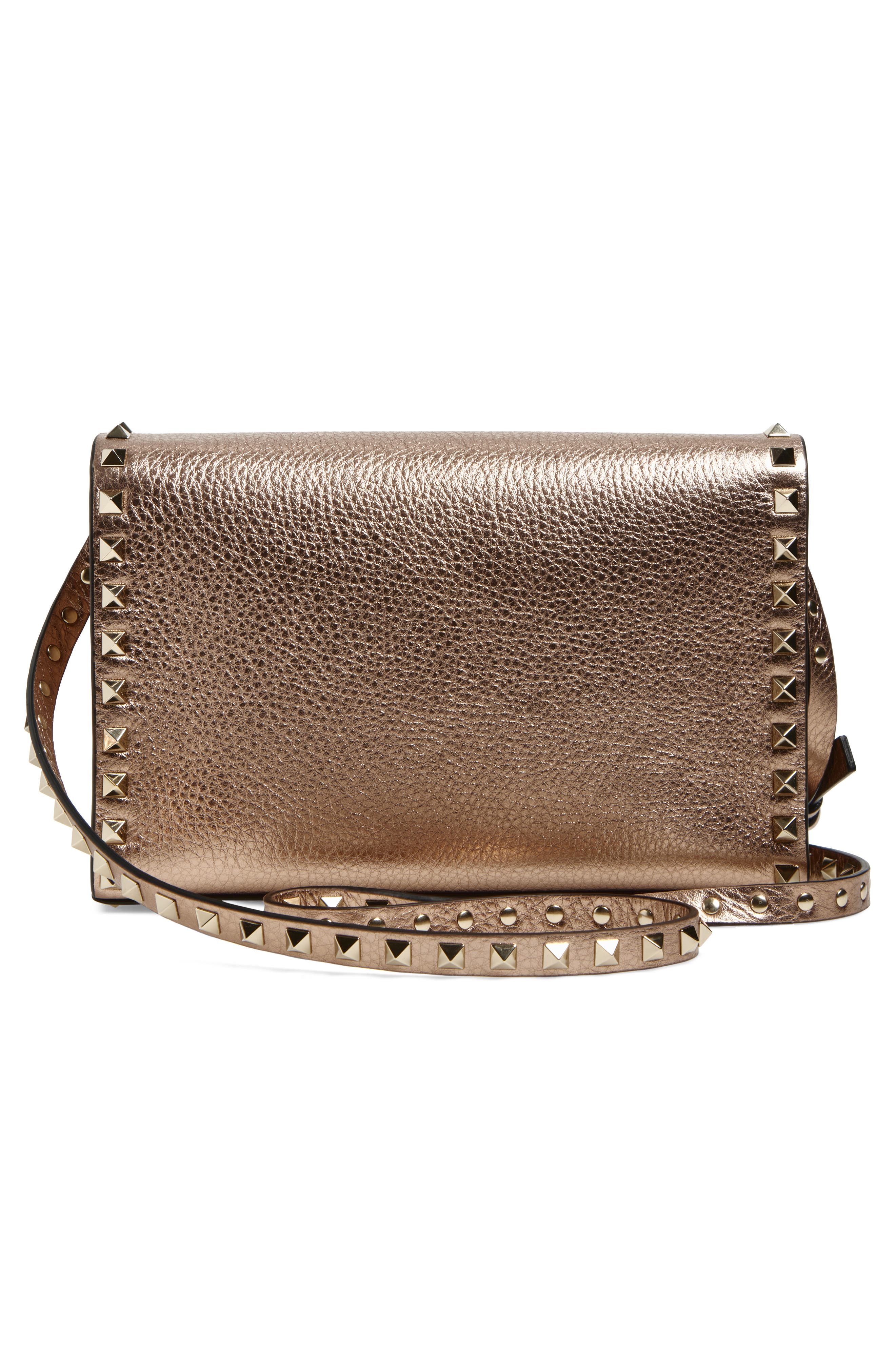 Valentino Garavani Small Rockstud Grained Metallic Leather Shoulder Bag, Alternate, color, Rose