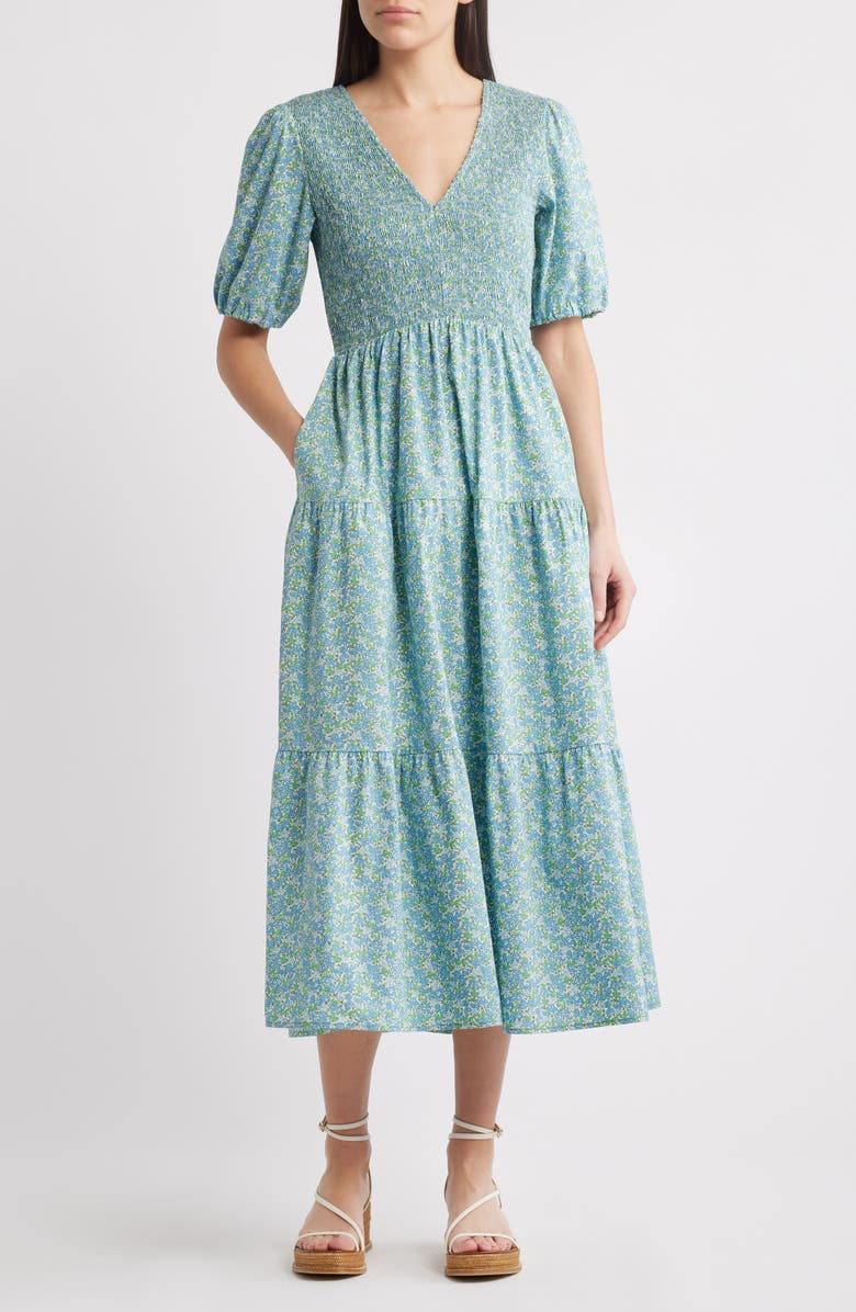 MELLODAY Floral Smocked Puff Sleeve Tiered Maxi Dress, Main, color,