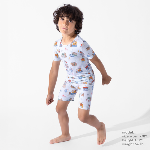 Bellabu Bear Vintage Suitcases Kids 2-piece Short Sleeve & Shorts Pajama Set In Blue