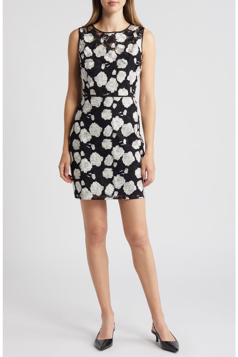 Floral Embroidered Sleeveless Lace Sheath Dress, Main, color, BLACK/WHITE