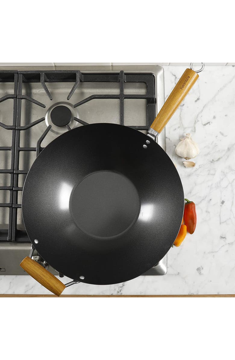 Kenmore Hammond 14 Inch Flat Bottom Carbon Steel Wok with Wooden Handles, Alternate, color, Black