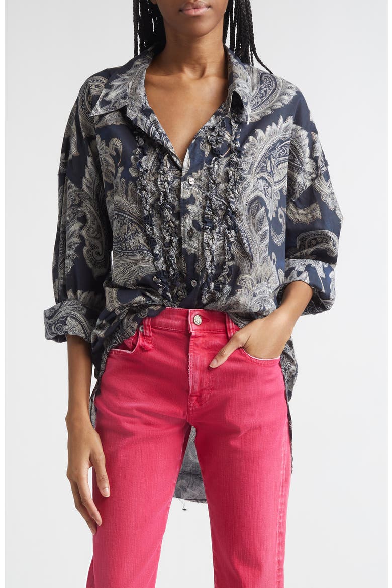 Shredded Seam Ruffle Paisley Print Button-Up Shirt, Main, color, BLACK PAISLEY MULTI PRINT