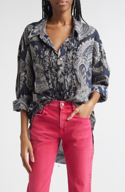 Shredded Seam Ruffle Paisley Print Button-Up Shirt