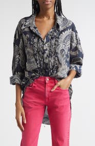 R13 Shredded Seam Ruffle Paisley Print Button-Up Shirt