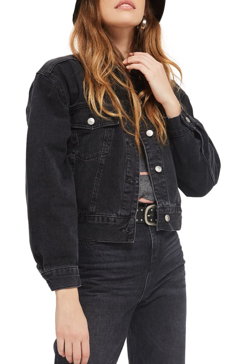 Boxy Crop Denim Jacket, Main, color, WASHED BLACK