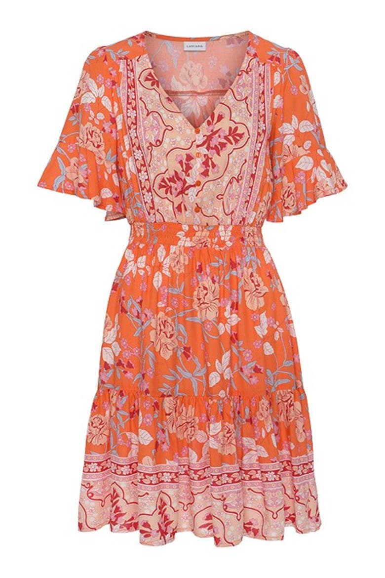 Women's Tiered Short Sleeve Dress, Alternate, color, Orange Multi