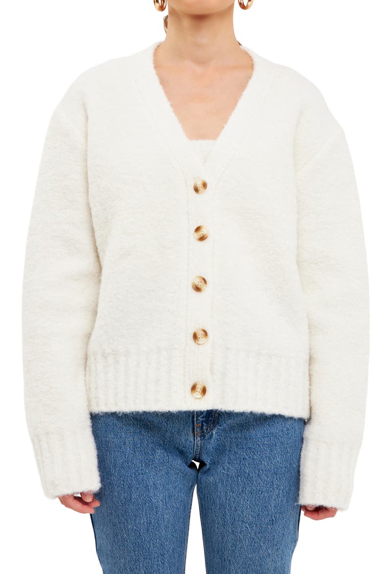 Fuzzy V-Neck Cardigan, Alternate, color, CREAM