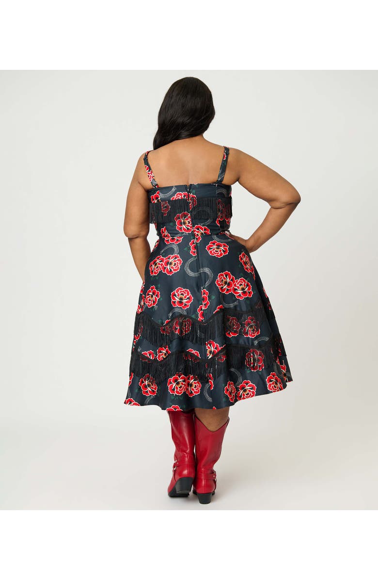 Unique Vintage Plus Size Fringe Swing Dress, Alternate, color, Black W/ Floral Print