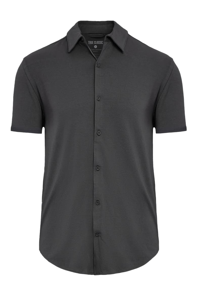 Short Sleeve Stretch Cotton Knit Button-Down Shirt, Alternate, color, CARBON