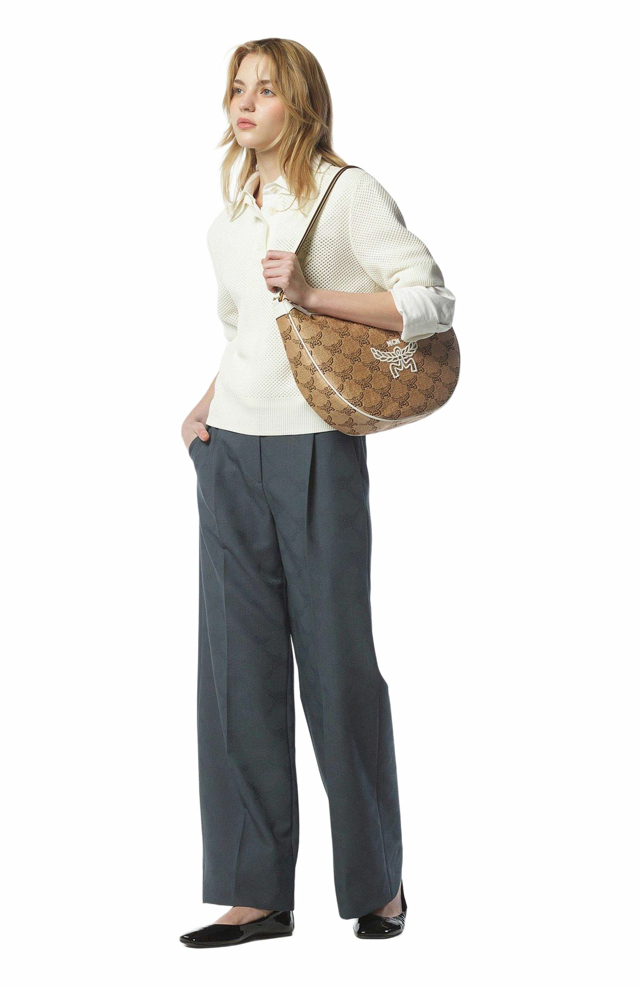 MCM Himmel Ascending Moon Hobo in Lauretos Raffia Jacquard, Alternate, color, Beige