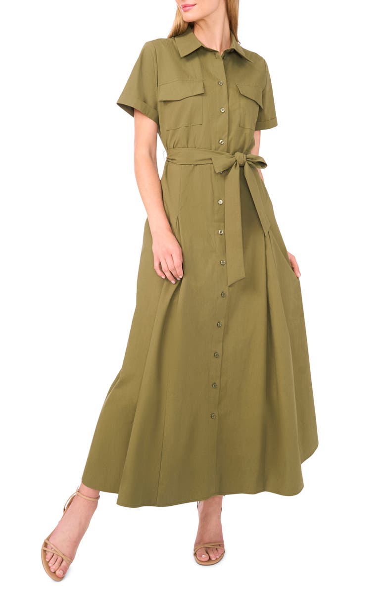 Ted Baker Box Pleat Tie Belt Cotton Maxi Shirtdress, Main, color, Capulet Olive
