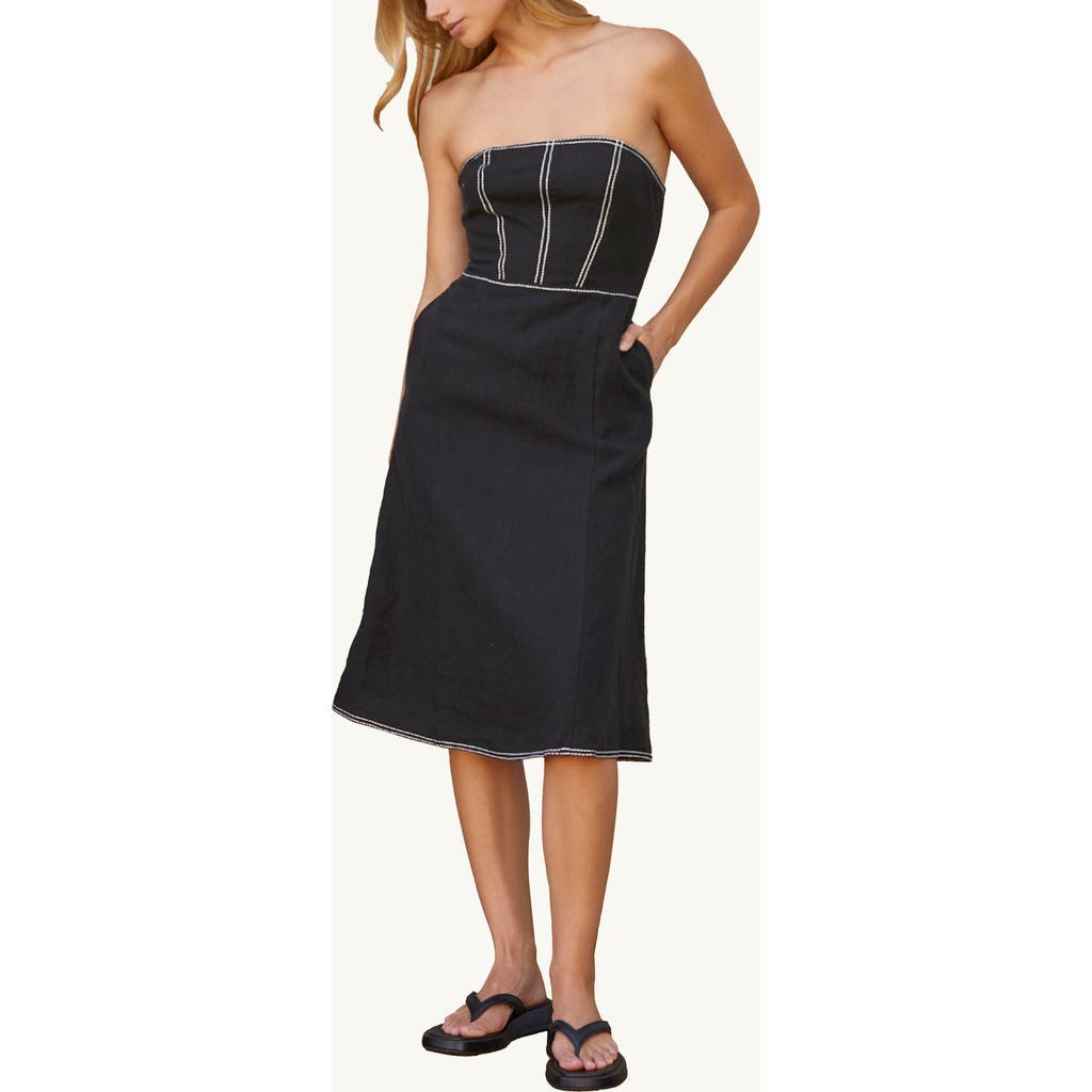 CRESCENT CRESCENT EMBROIDERED CONTRAST STITCH TUBE LINEN MIDI DRESS