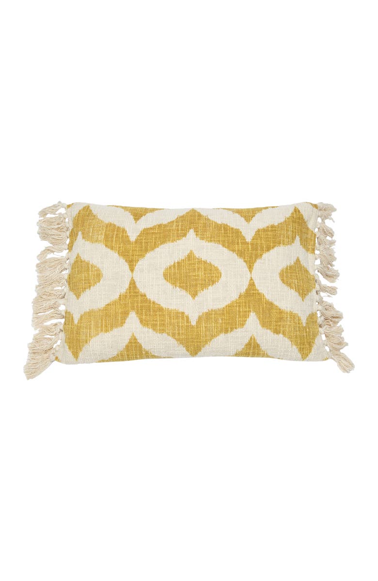 Storied Home Cotton Slub Lumbar Pillow with Ikat Pattern and Tassels, Main, color, Yellow