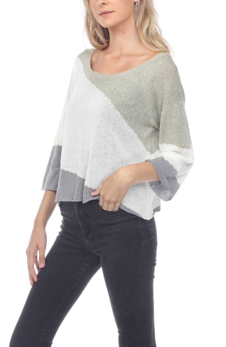 RAIN AND ROSE Stripe Three-Quarter Sleeve Openwork Knit Top, Alternate, color,