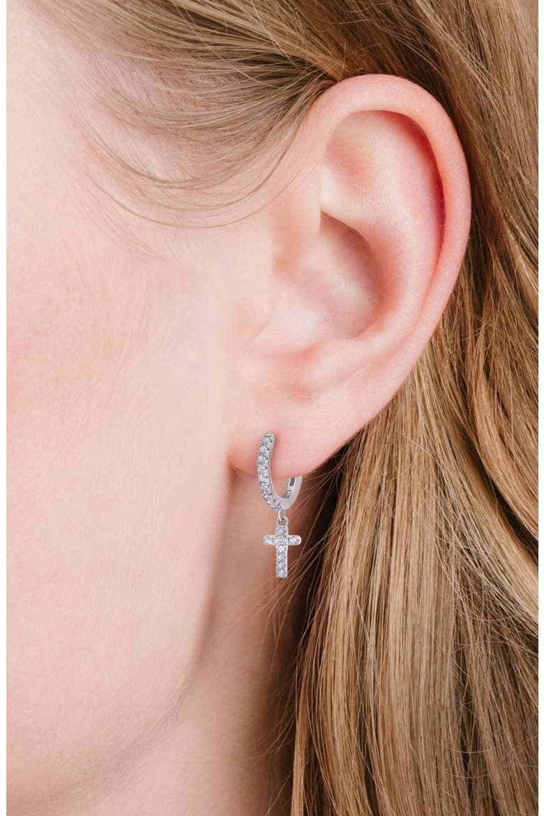 Pavé Cross Huggie Hoop Earrings, Alternate, color, PURE PLATINUM/ CLEAR STONE