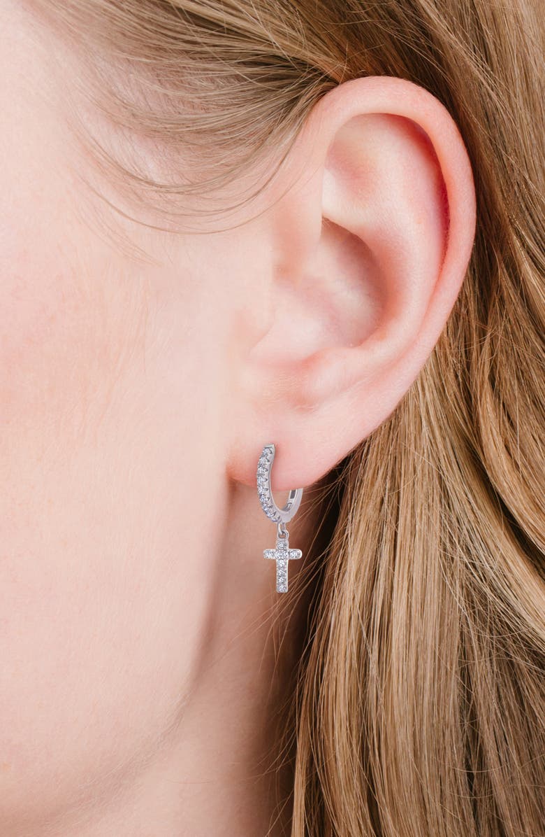 Crislu Pavé Cross Huggie Hoop Earrings, Alternate, color, Pure Platinum/ Clear Stone