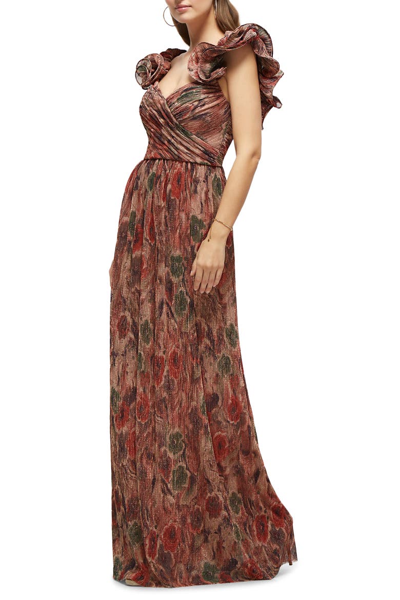 Metallic Print Gown, Alternate, color, HARVEST FLORAL PRINT