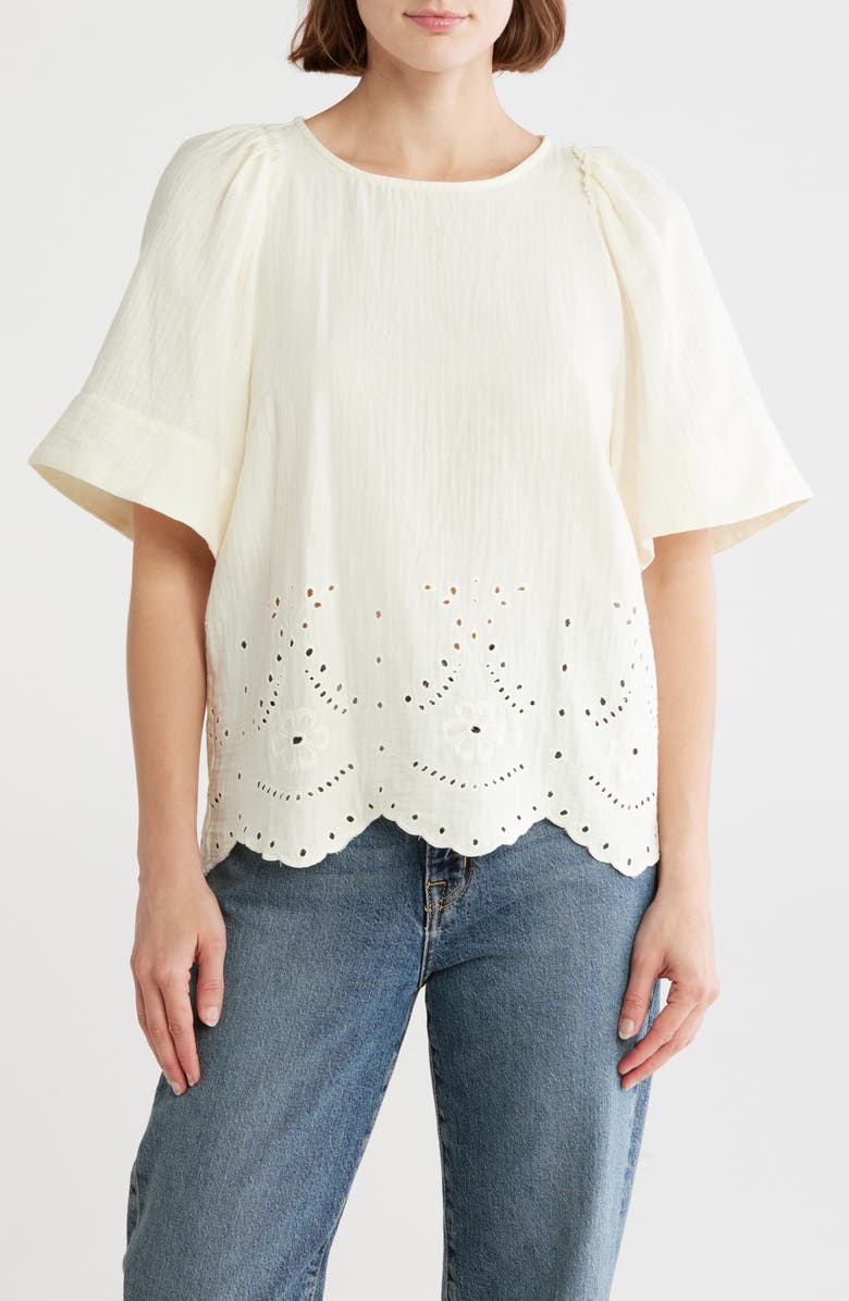 CHELSEA AND THEODORE Eyelet Flutter Sleeve Cotton Top, Main, color, Ivory