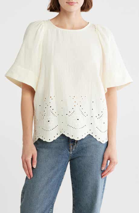 CHELSEA AND THEODORE Eyelet Flutter Sleeve Cotton Top