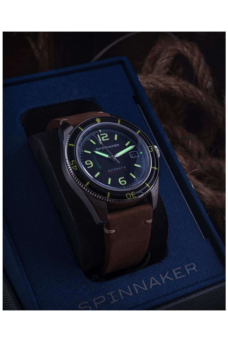 Fleuss Automatic Leather Strap Watch, 43mm, Alternate, color, BLACK